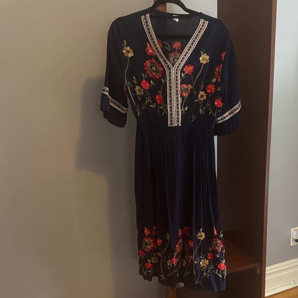 Amazon Navy Dress with Floral Embroidery